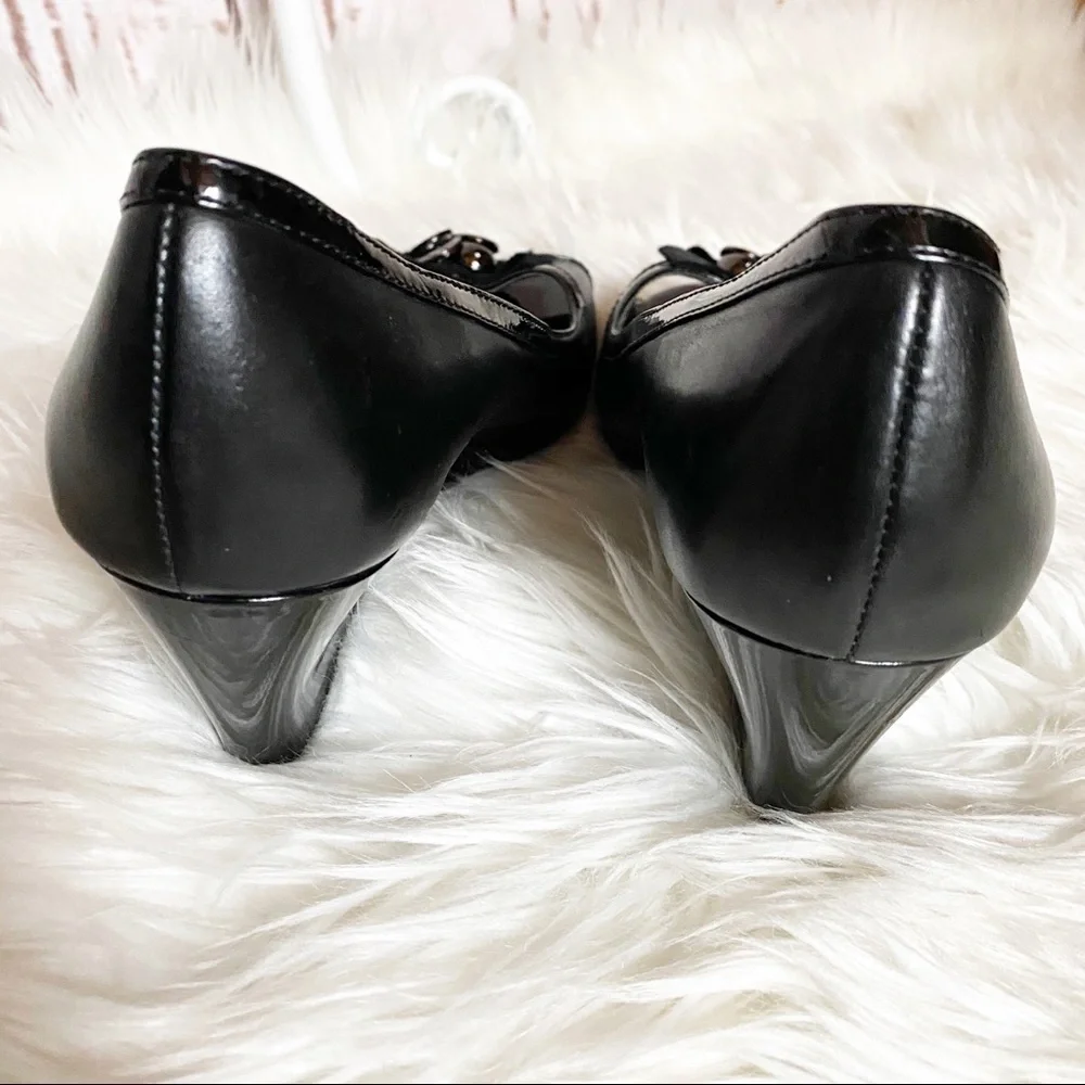 Etienne Aigner Black Peep Toe Patent Wedges SZ 8.5
